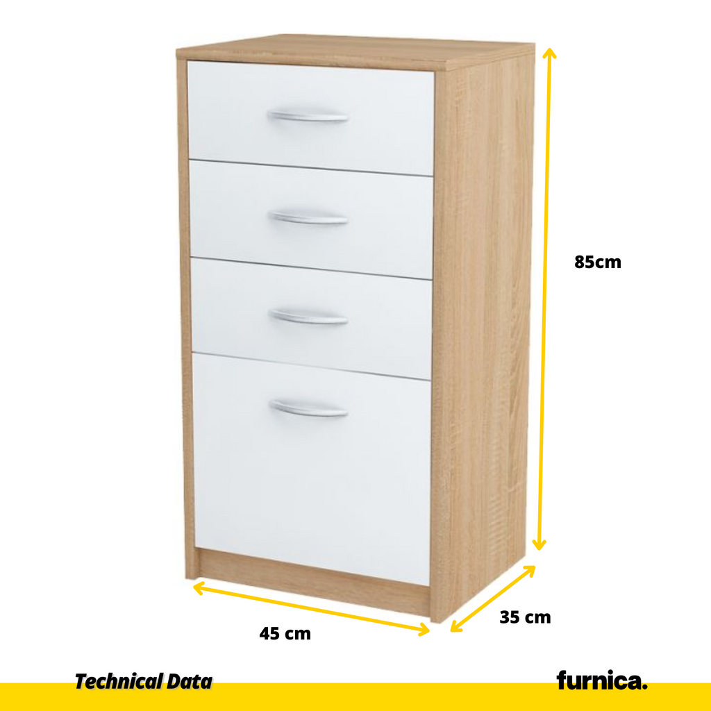 JULIA - Cómoda de 4 cajones - Gabinete de almacenamiento para el dormitorio - Aparador - Roble Sonoma / Blanco mate H85cm W45cm D35cm