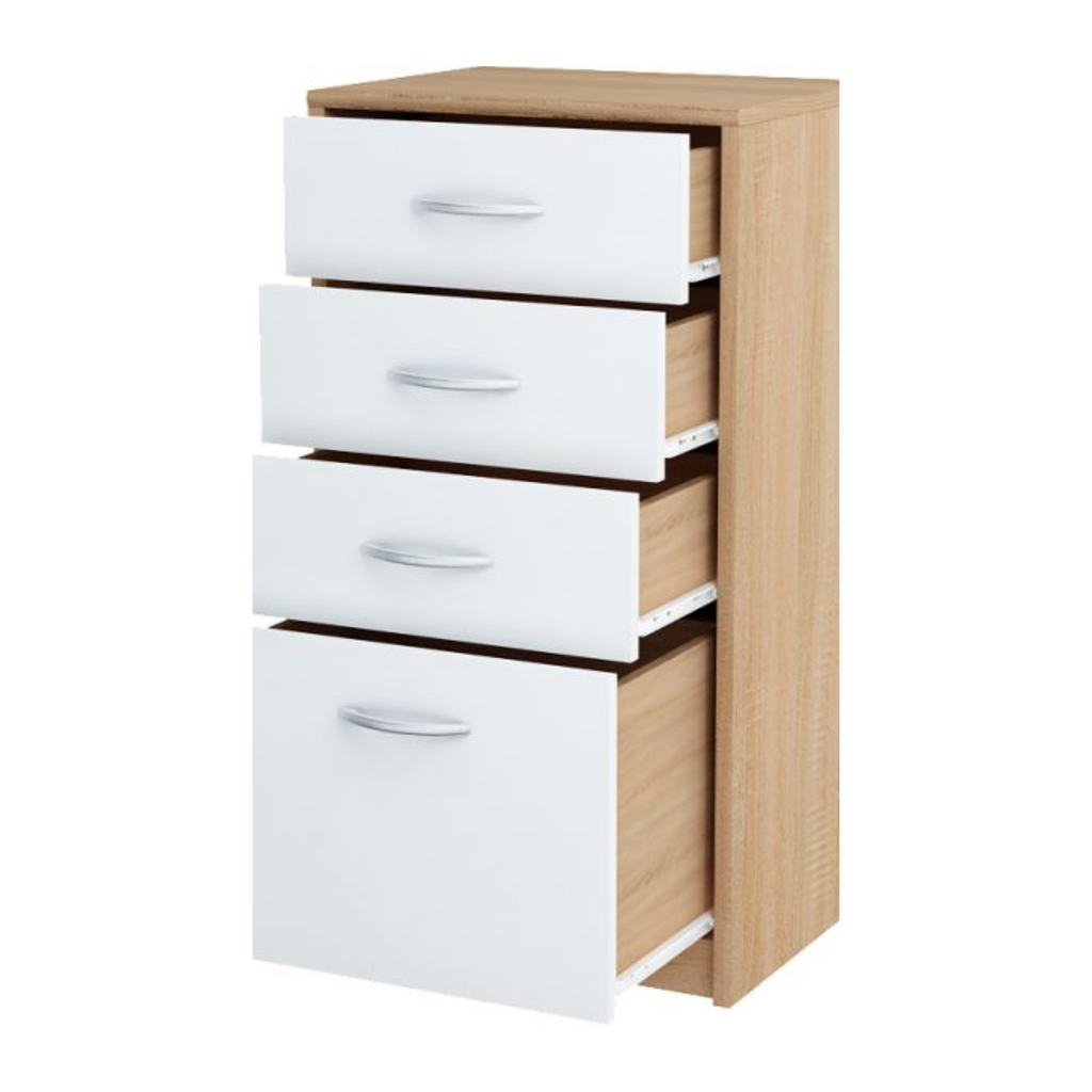 JULIA - Cómoda de 4 cajones - Gabinete de almacenamiento para el dormitorio - Aparador - Roble Sonoma / Blanco mate H85cm W45cm D35cm