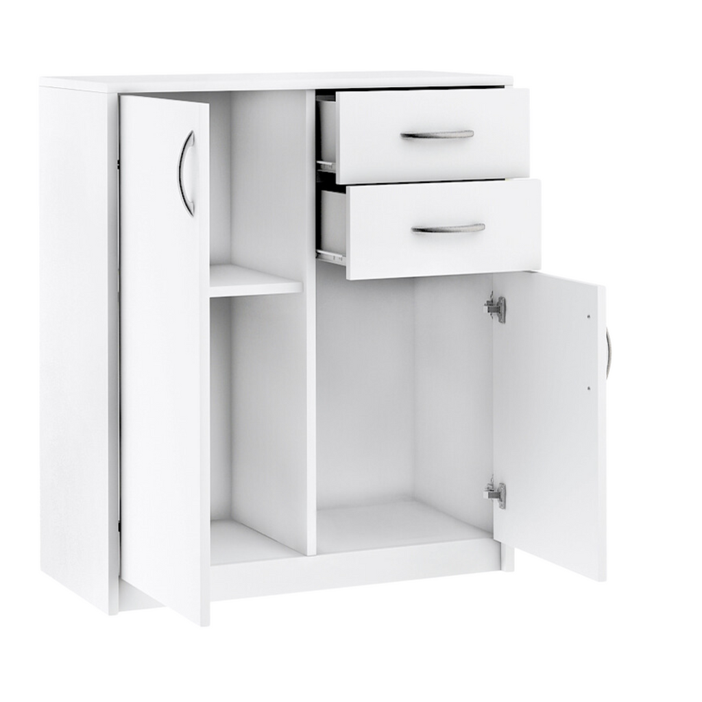 JULIA - Cómoda de 2 cajones y 2 puertas - Armario de almacenamiento para el dormitorio - Aparador - Blanco mate - H85cm W74cm D35cm