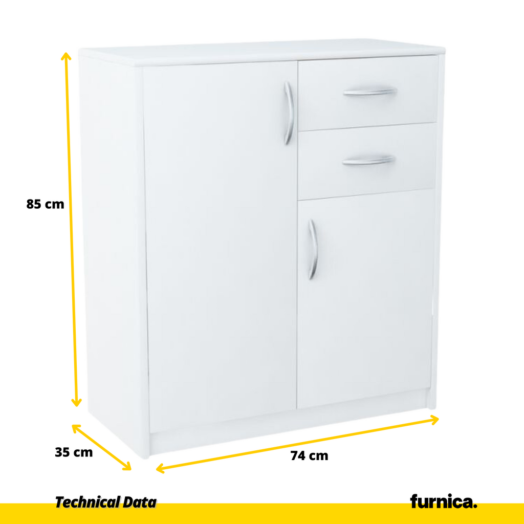 JULIA - Cómoda de 2 cajones y 2 puertas - Armario de almacenamiento para el dormitorio - Aparador - Blanco mate - H85cm W74cm D35cm