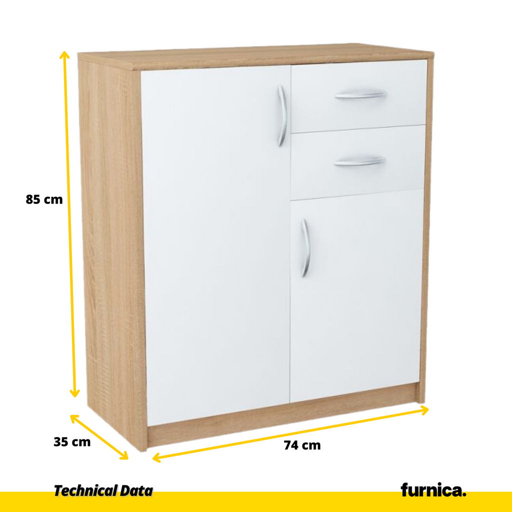 JULIA - Cómoda de 2 cajones y 2 puertas - Armario de almacenamiento para dormitorio - Aparador - Roble Sonoma / Blanco mate - H85cm W74cm D35cm