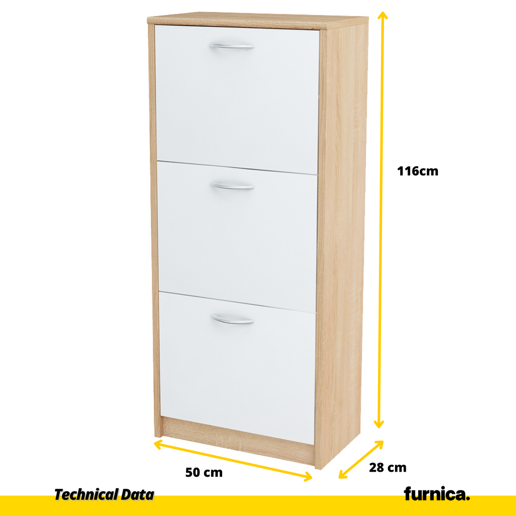 JULIA - Zapatero - Almacenamiento de 3 niveles - Roble Sonoma / Blanco Mate H116cm W50cm D28cm