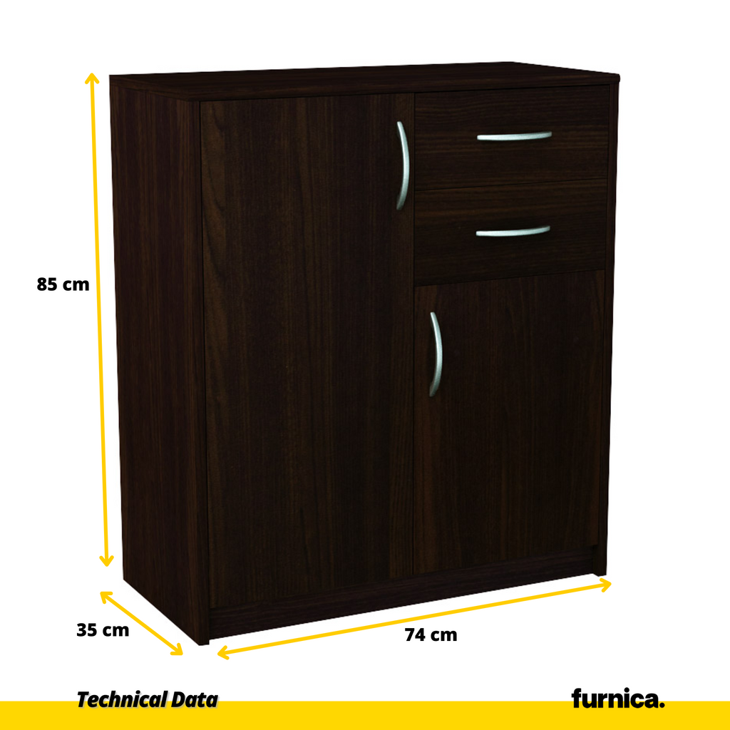 JULIA - Cómoda de 2 cajones y 2 puertas - Armario de almacenamiento para el dormitorio - Aparador - Wenge H85cm W74cm D35cm