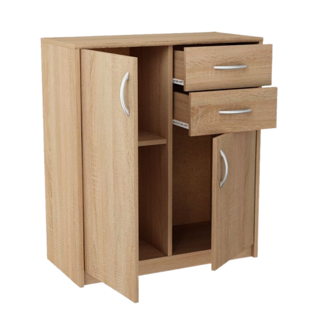 JULIA - Cómoda de 2 cajones y 2 puertas - Armario de almacenamiento para el dormitorio - Aparador - Roble Sonoma - H85cm W74cm D35cm
