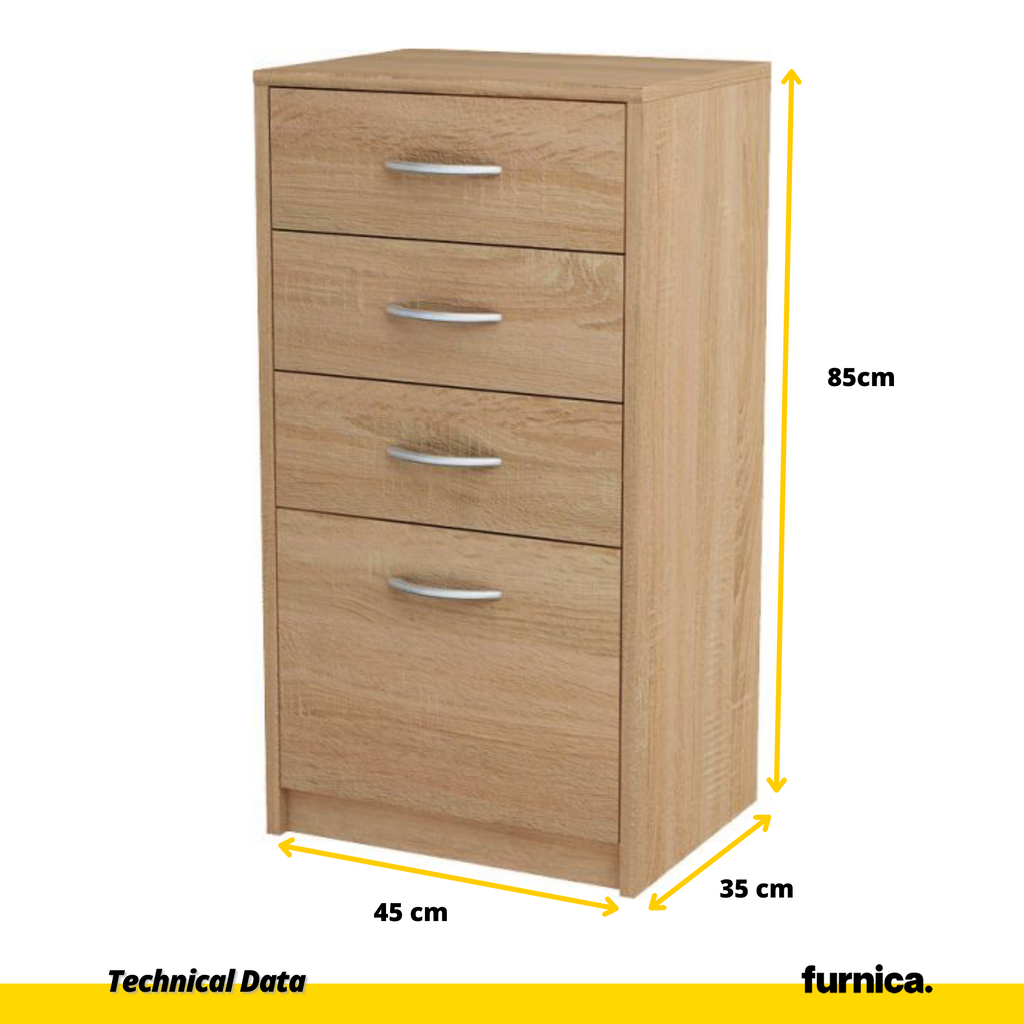 JULIA - Cómoda de 4 cajones - Gabinete de almacenamiento para el dormitorio - Aparador - Roble Sonoma H85cm W45cm D35cm