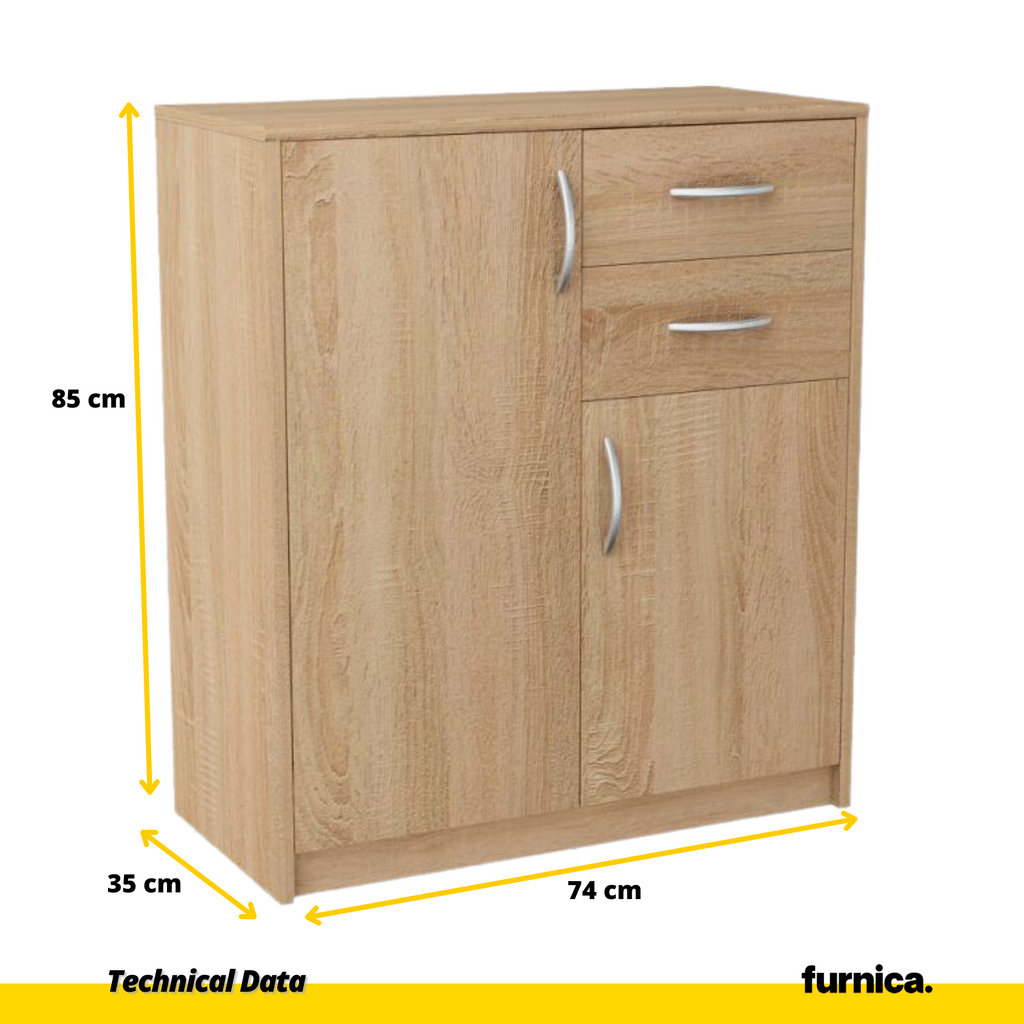 JULIA - Cómoda de 2 cajones y 2 puertas - Armario de almacenamiento para el dormitorio - Aparador - Roble Sonoma - H85cm W74cm D35cm