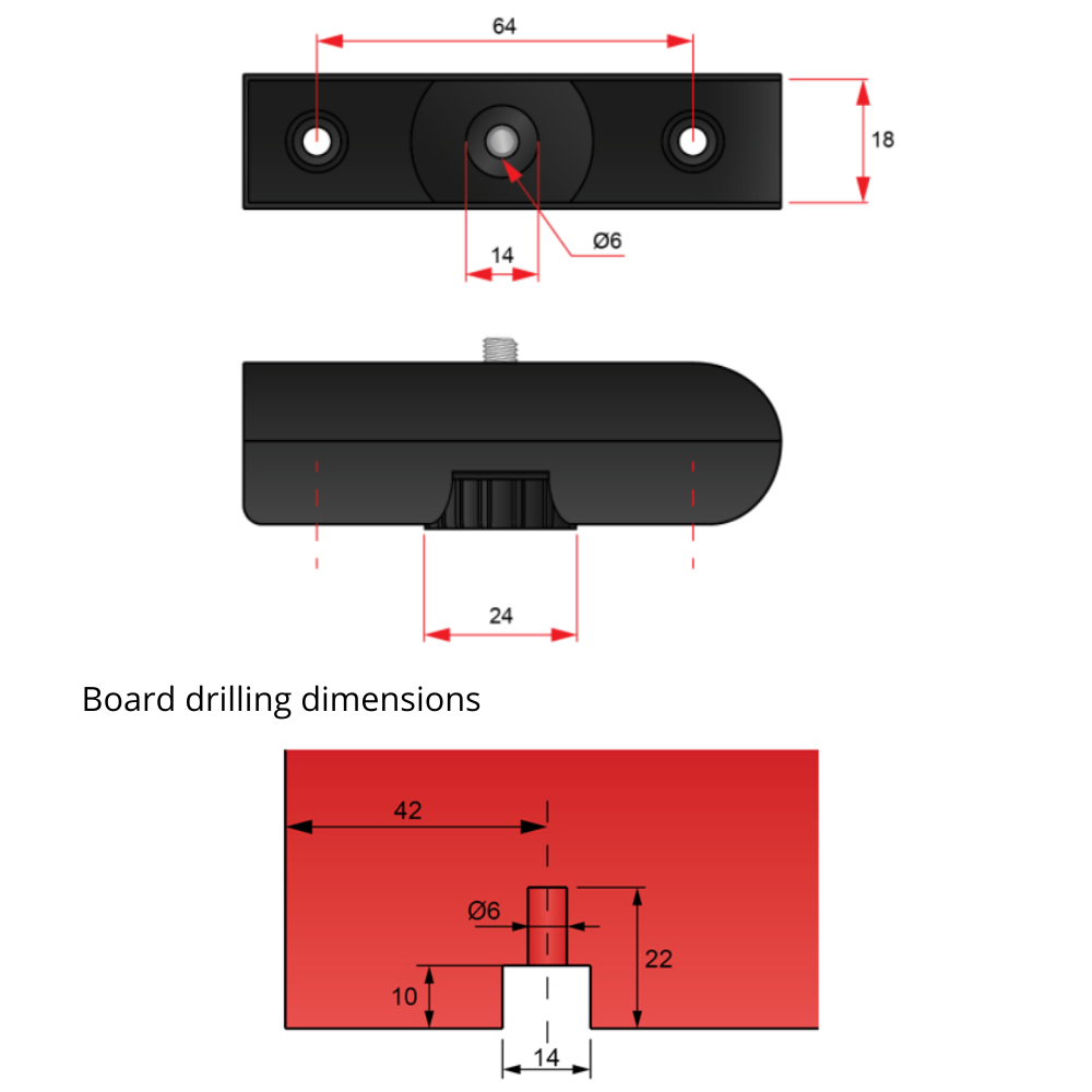 Regulador de nivel para tableros de 18 mm, M6, Negro