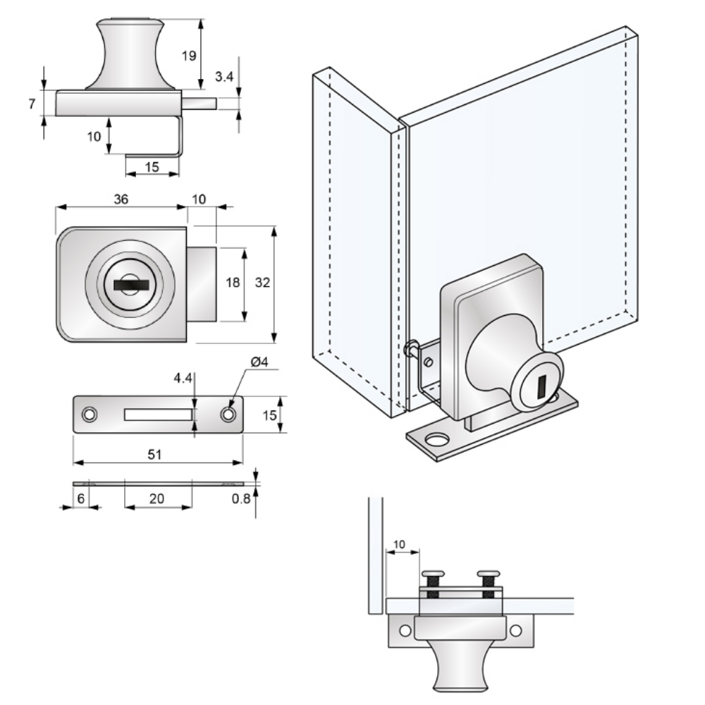 Cerradura para puertas de vidrio individuales