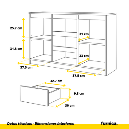 MIKEL - Cómoda de 3 cajones y 2 puertas - Armario de almacenamiento para dormitorio - Aparador - Antracita / Blanco (7)