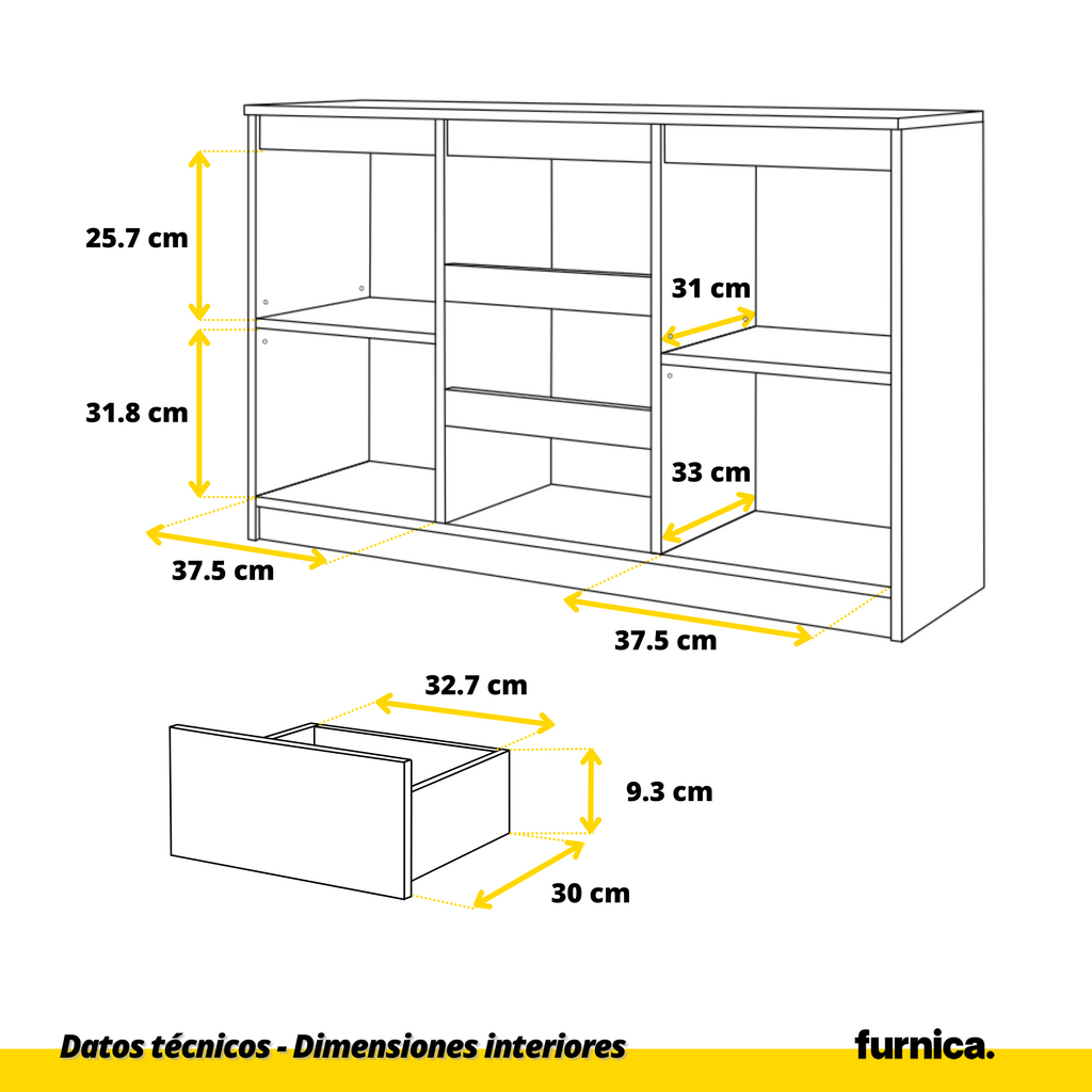 MIKEL - Cómoda de 3 cajones y 2 puertas - Armario de almacenamiento para el dormitorio - Aparador - Roble Wotan / Blanco Brillante - A75cm A120cm P35cm