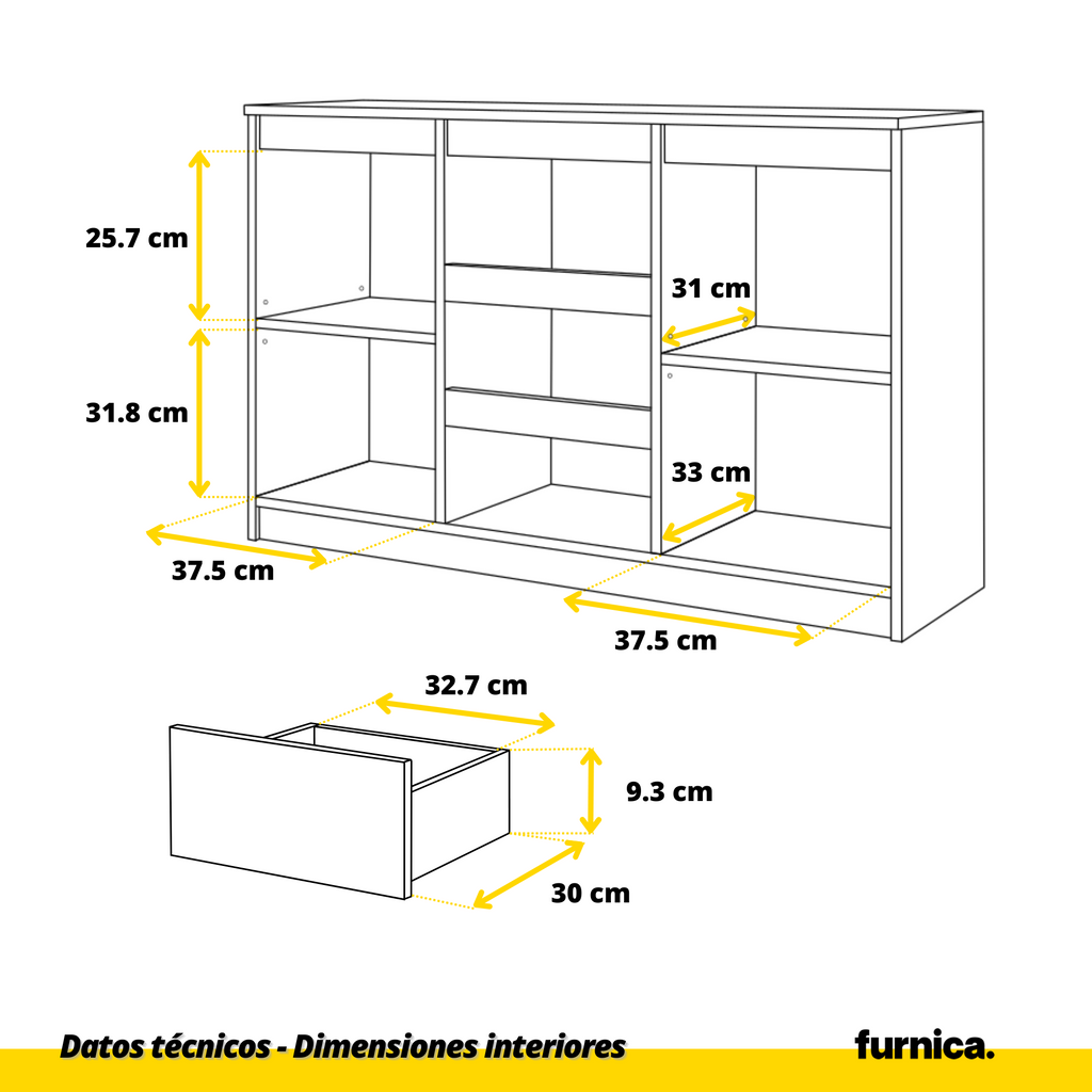 MIKEL - Cómoda de 3 cajones y 2 puertas - Armario de almacenamiento para el dormitorio - Aparador - Roble Wotan - A75cm A120cm P35cm