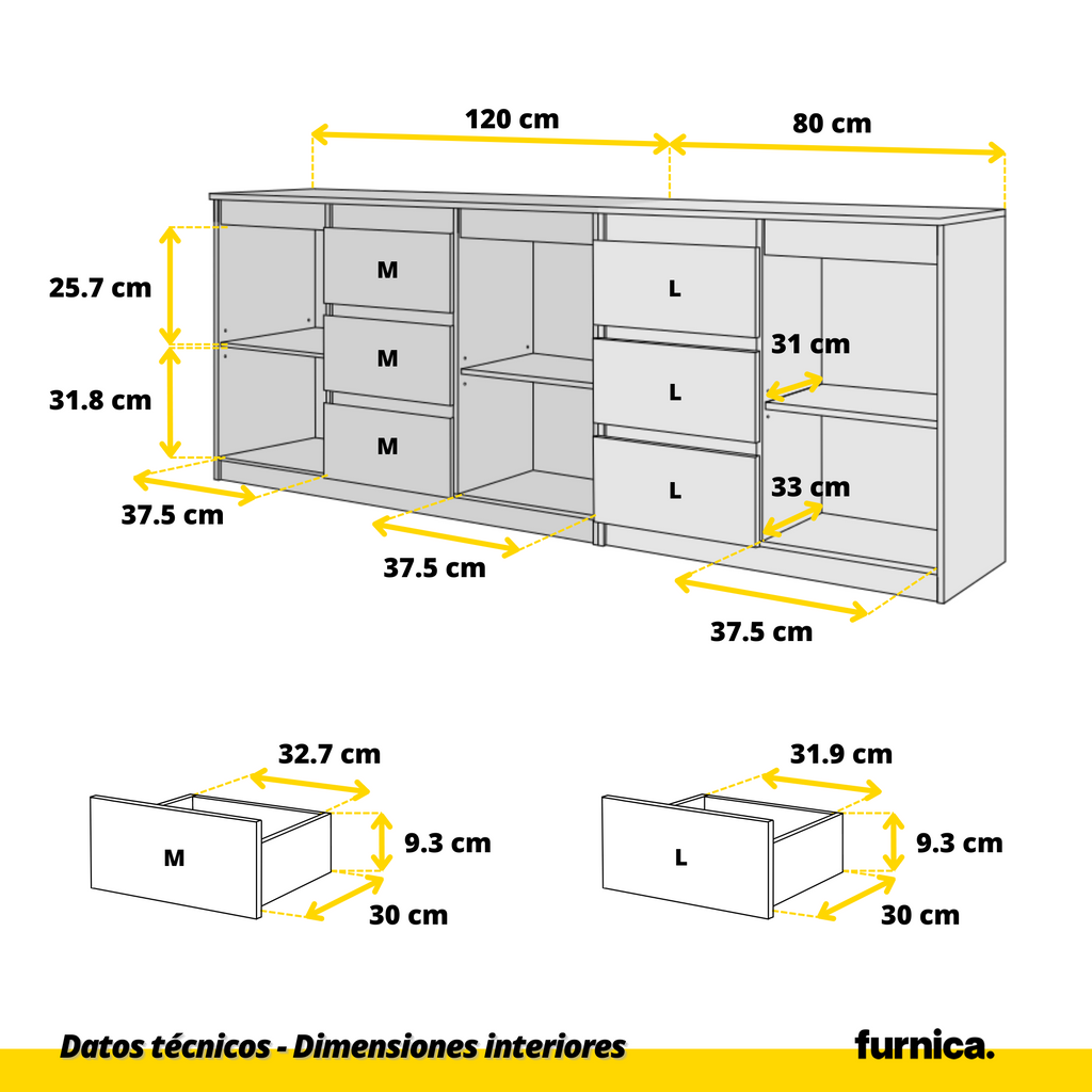 MIKEL - Cómoda de 6 cajones y 3 puertas - Armario de almacenamiento para el dormitorio - Aparador - Hormigón / Antracita - A75cm A200cm P35cm