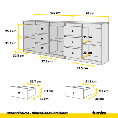 MIKEL - Cómoda de 6 cajones y 3 puertas - Armario de almacenamiento para dormitorio - Aparador - Blanco Mate / Roble (6)