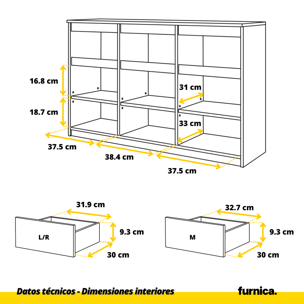 NOAH - Cómoda de 3 cajones y 3 puertas - Armario de almacenamiento para dormitorio - Aparador - Roble Wotan - A75cm A120cm P35cm