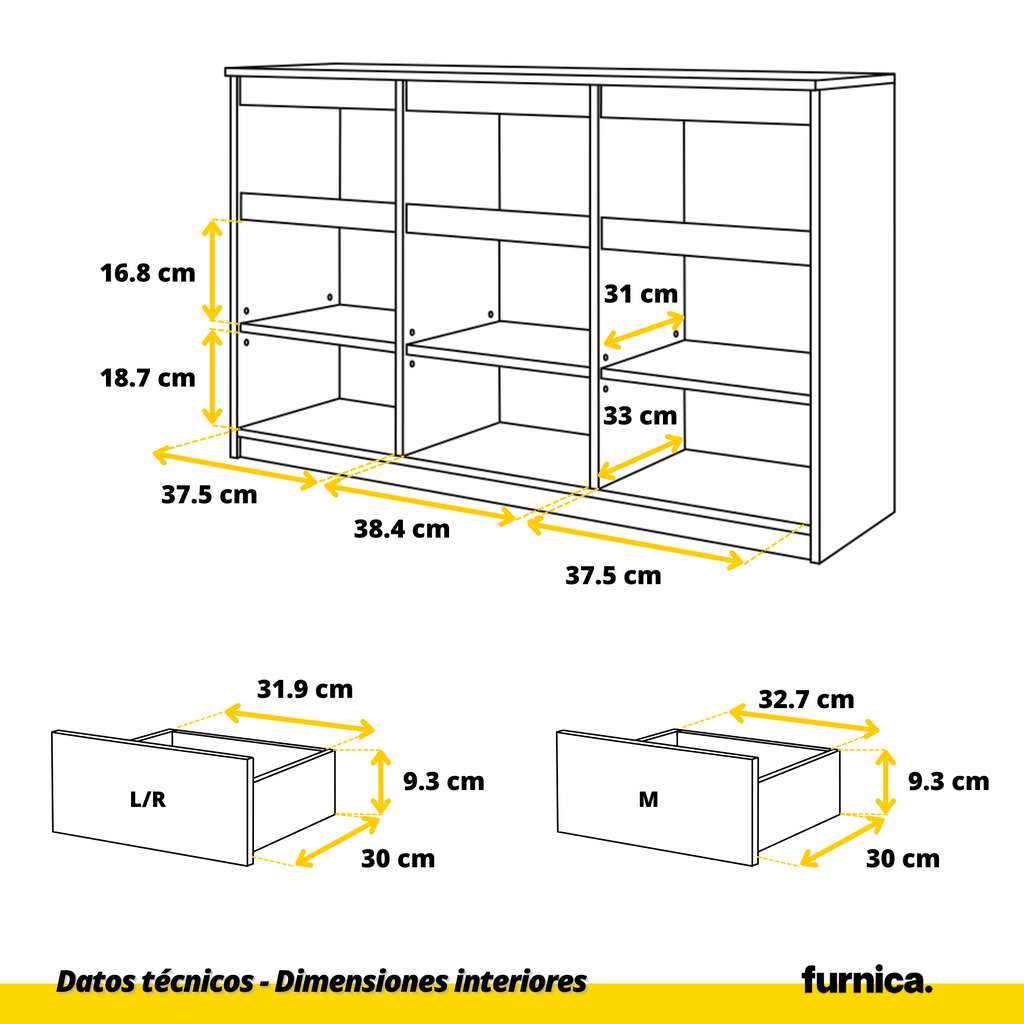 NOAH - Cómoda de 3 cajones y 3 puertas - Armario de almacenamiento para dormitorio - Aparador - Antracita / Roble Sonoma - A75cm A120cm P35cm