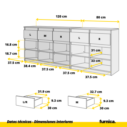 NOAH - Cómoda de 5 cajones y 5 puertas - Armario de almacenamiento para dormitorio - Aparador - Roble Wotan / Antracita - A75cm A200cm P35cm