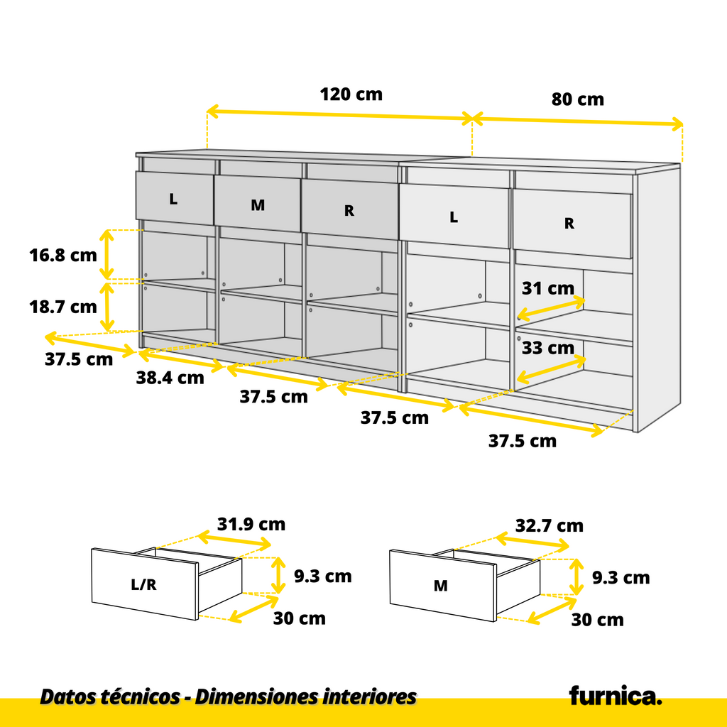 NOAH - Cómoda de 5 cajones y 5 puertas - Armario de almacenamiento para dormitorio - Aparador - Roble Wotan / Blanco Mate - A75cm A200cm P35cm