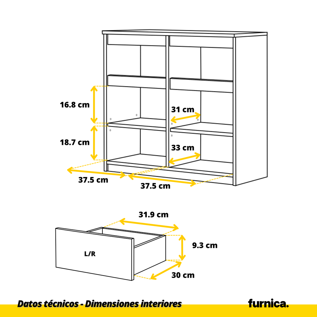 NOAH - Cómoda de 2 cajones y 2 puertas - Armario de almacenamiento para dormitorio - Aparador - Roble Sonoma / Hormigón - A75cm A80cm P35cm