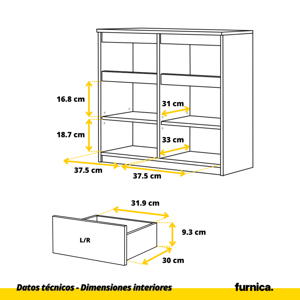 NOAH - Cómoda de 2 cajones y 2 puertas - Armario de almacenamiento para dormitorio - Aparador - Hormigón / Blanco Brillante - A75cm A80cm P35cm