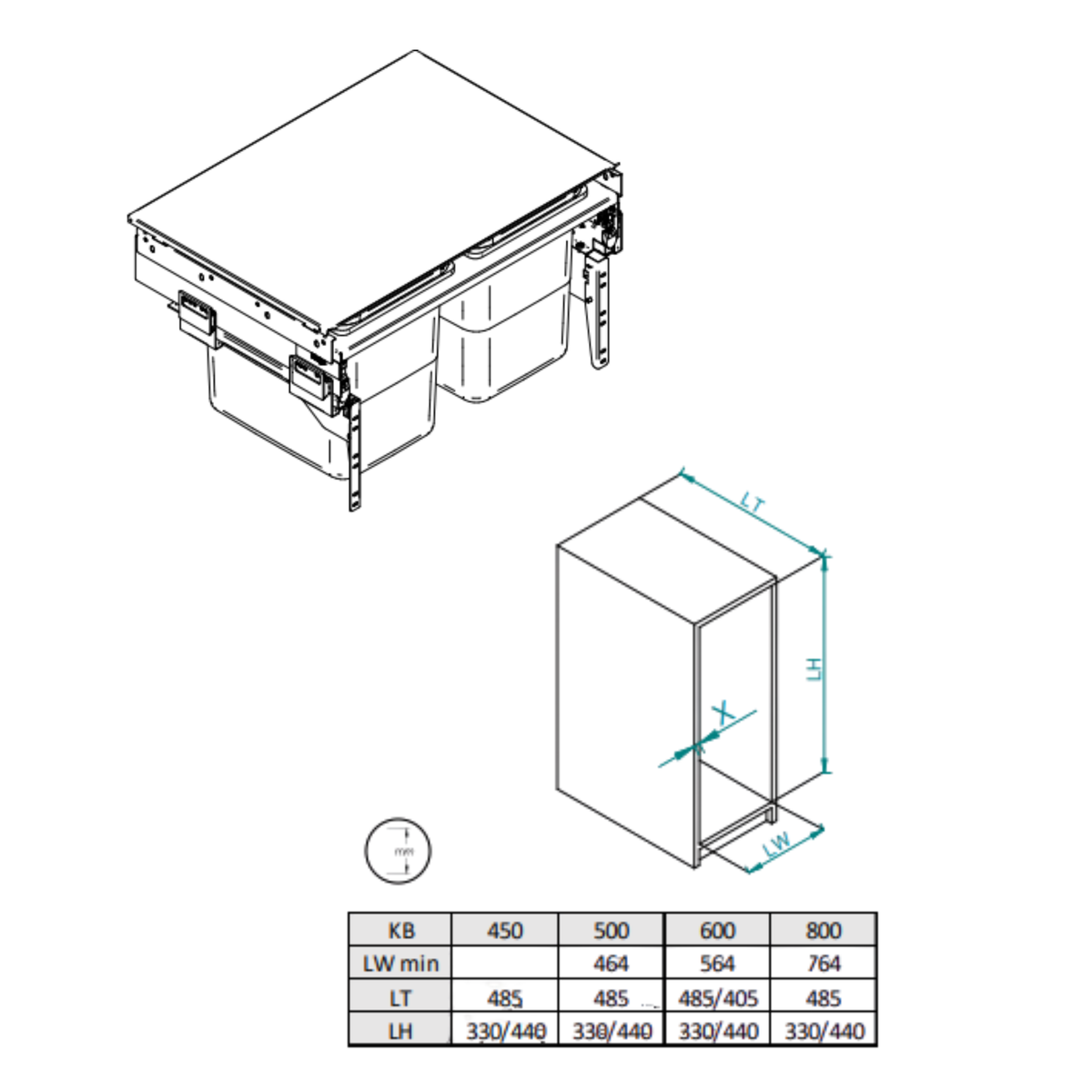 Cubo de reciclaje 2x15 l - mueble de 45 cm, P 480 mm, A 320 mm - gris antracita