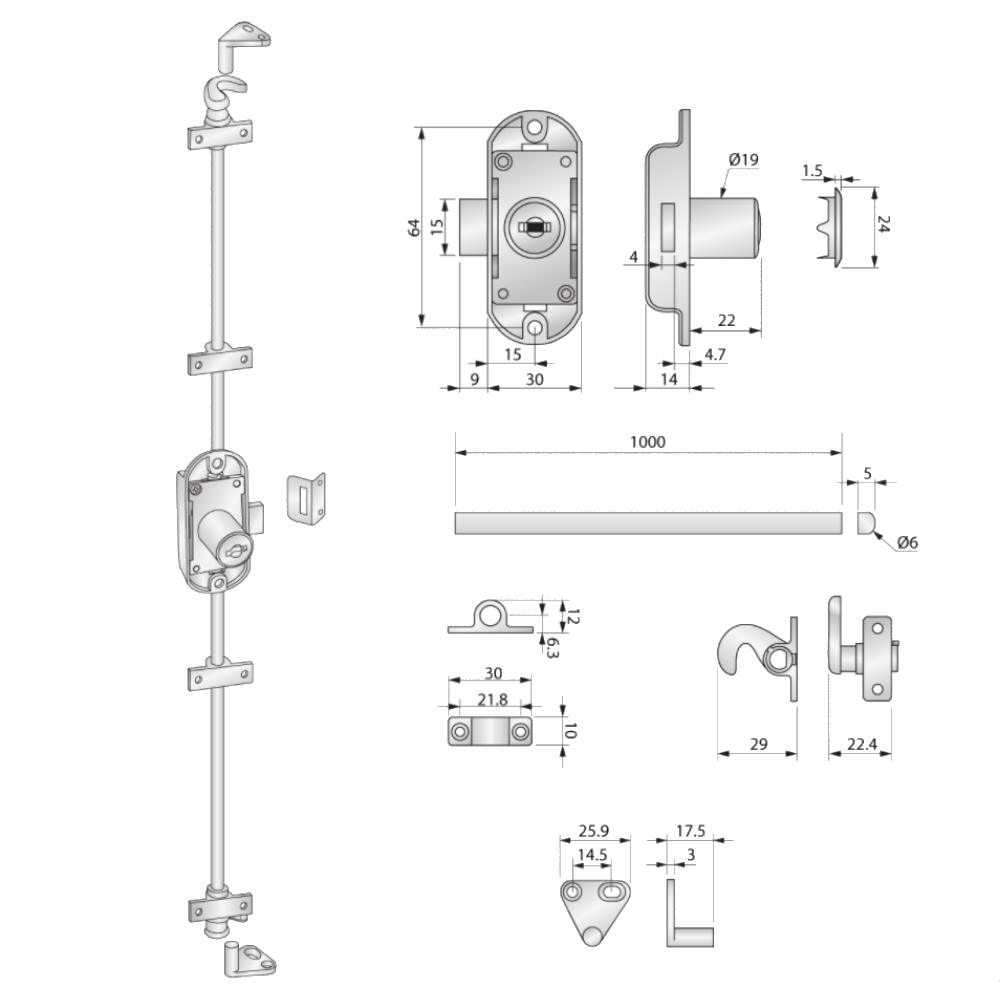Cerrojo de barra giratoria de 19x22mm, 2 barras de 1000mm de largo, nickel (3) – Furnica