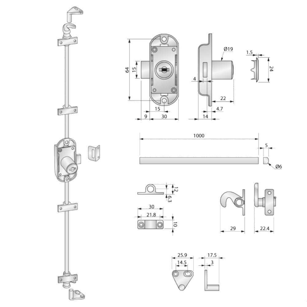 Cerrojo de barra giratoria de 19x22mm, 2 barras de 1000mm de largo, nickel