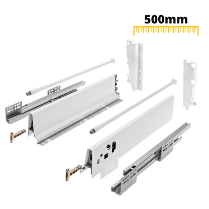 Conjunto de sistema de cierre suave para cajones, ALTO, H: 185mm, Blanco – 500mm – Furnica