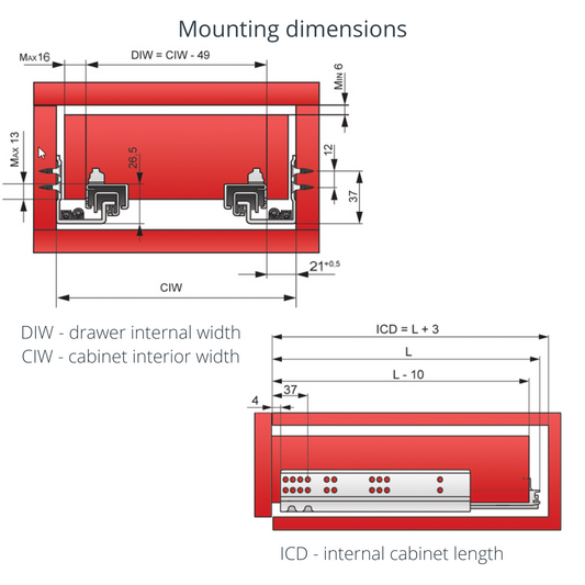 Corredores de cajón ocultos de cierre suave, montaje oculto, extensión completa - 270mm (2) – Furnica