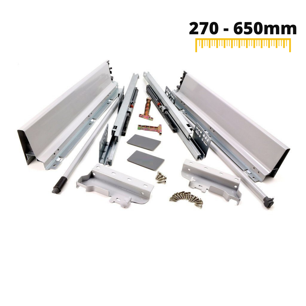 Conjunto de sistema de cierre suave para cajones, MEDIANO, H: 142mm, plateado (4) – Furnica
