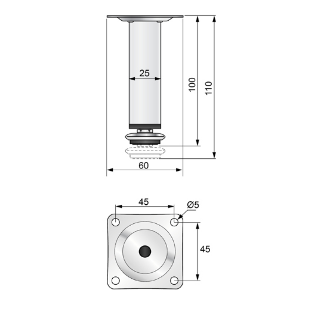 Pata de mueble cuadrada 25x25mm - A100mm cromada (2) – Furnica