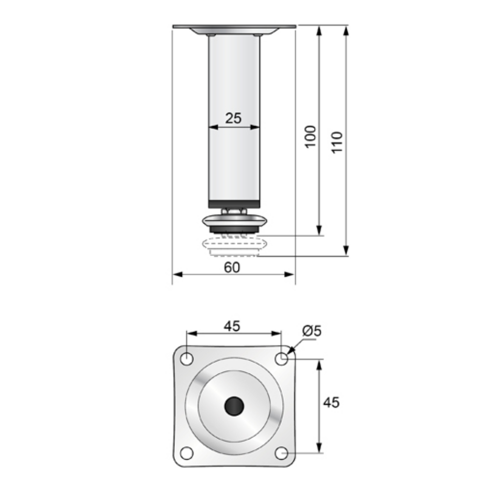 Pata de mueble cuadrada de 25x25mm - A100mm - Satinado