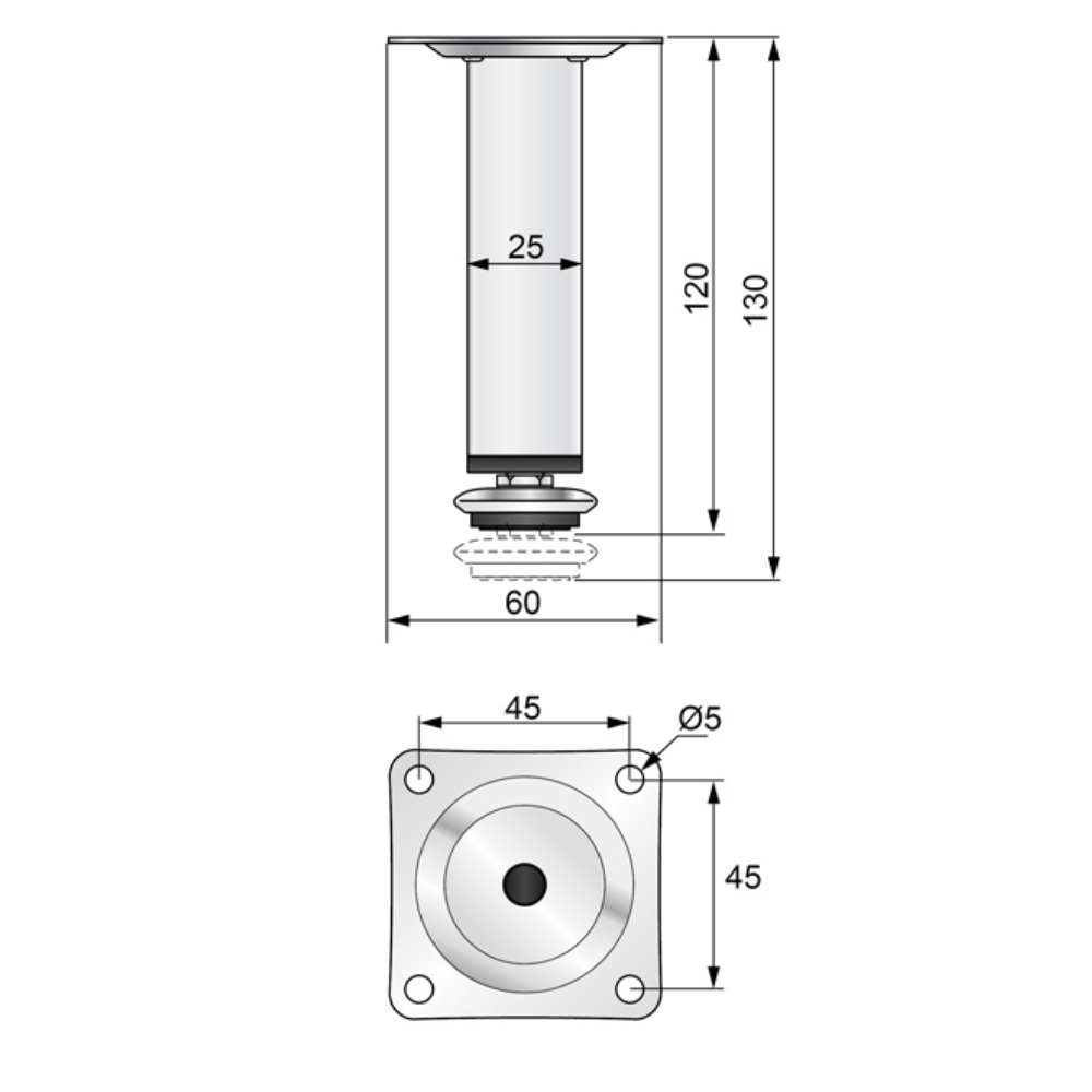 Pata de mueble cuadrada de 25x25mm - A120mm - Cromada