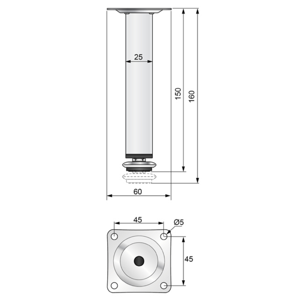 Pata de mueble cuadrada de 25x25mm - H150mm Satinado