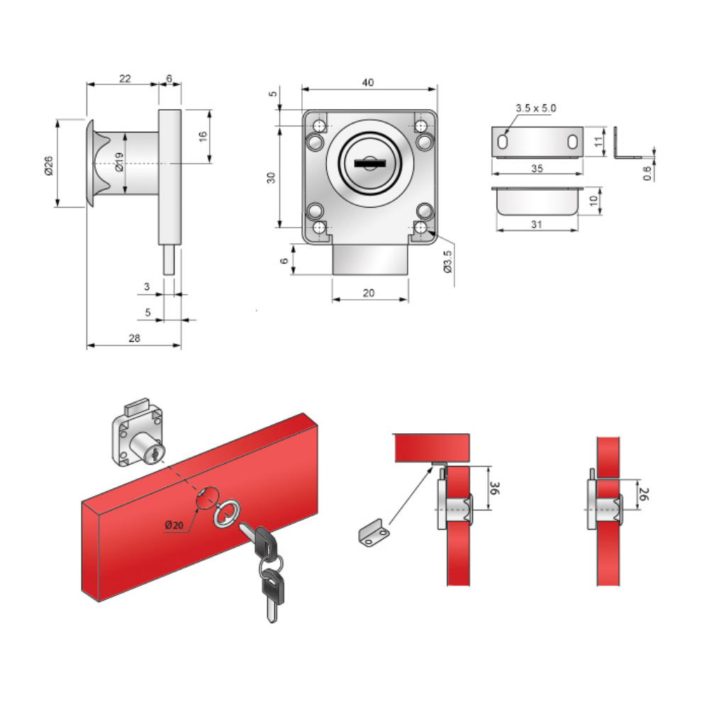 Cerradura de muebles cuadrada de 19x22mm - Cromo