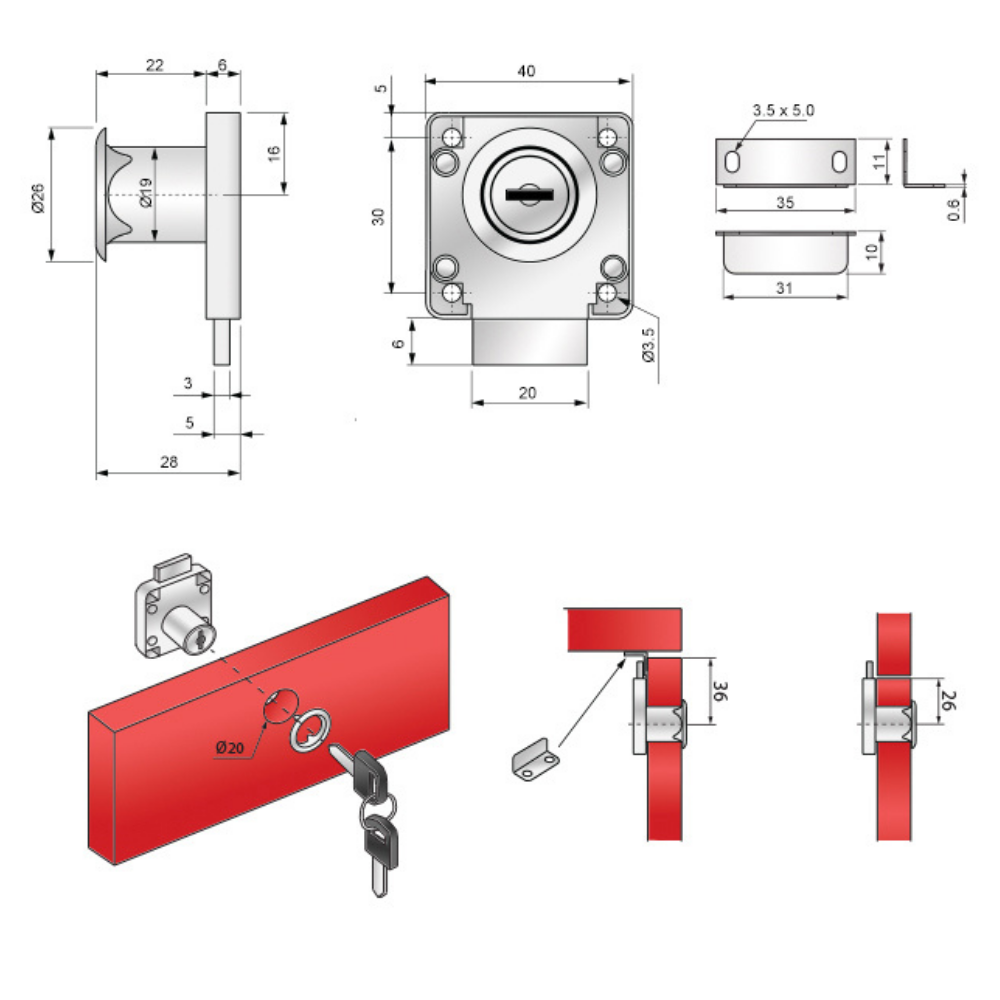 Cerradura de muebles cuadrada de 19x22mm, versión con llave idéntica, cromada