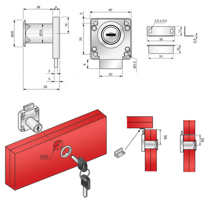 Cerradura de muebles cuadrada de 19x38mm, cromada