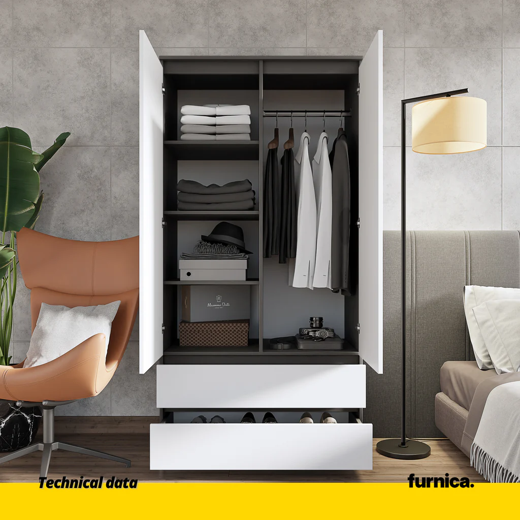 JOELLE - Armario de 2 puertas con 2 cajones - Antracita / Blanco Mate - A180cm A90cm P50cm (4) – Furnica