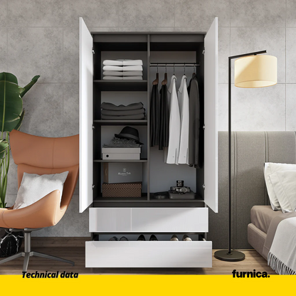 JOELLE - Armario de 2 puertas con 2 cajones - Antracita / Blanco Brillante - A180cm A90cm P50cm (4) – Furnica