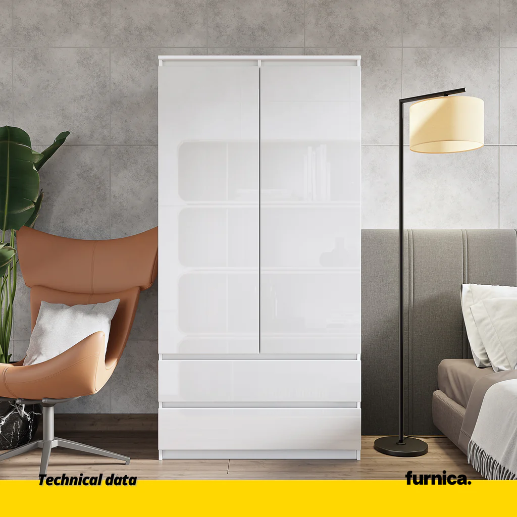 JOELLE - Armario de 2 puertas con 2 cajones - Blanco Mate / Blanco Brillante - A180cm A90cm P50cm (3) – Furnica