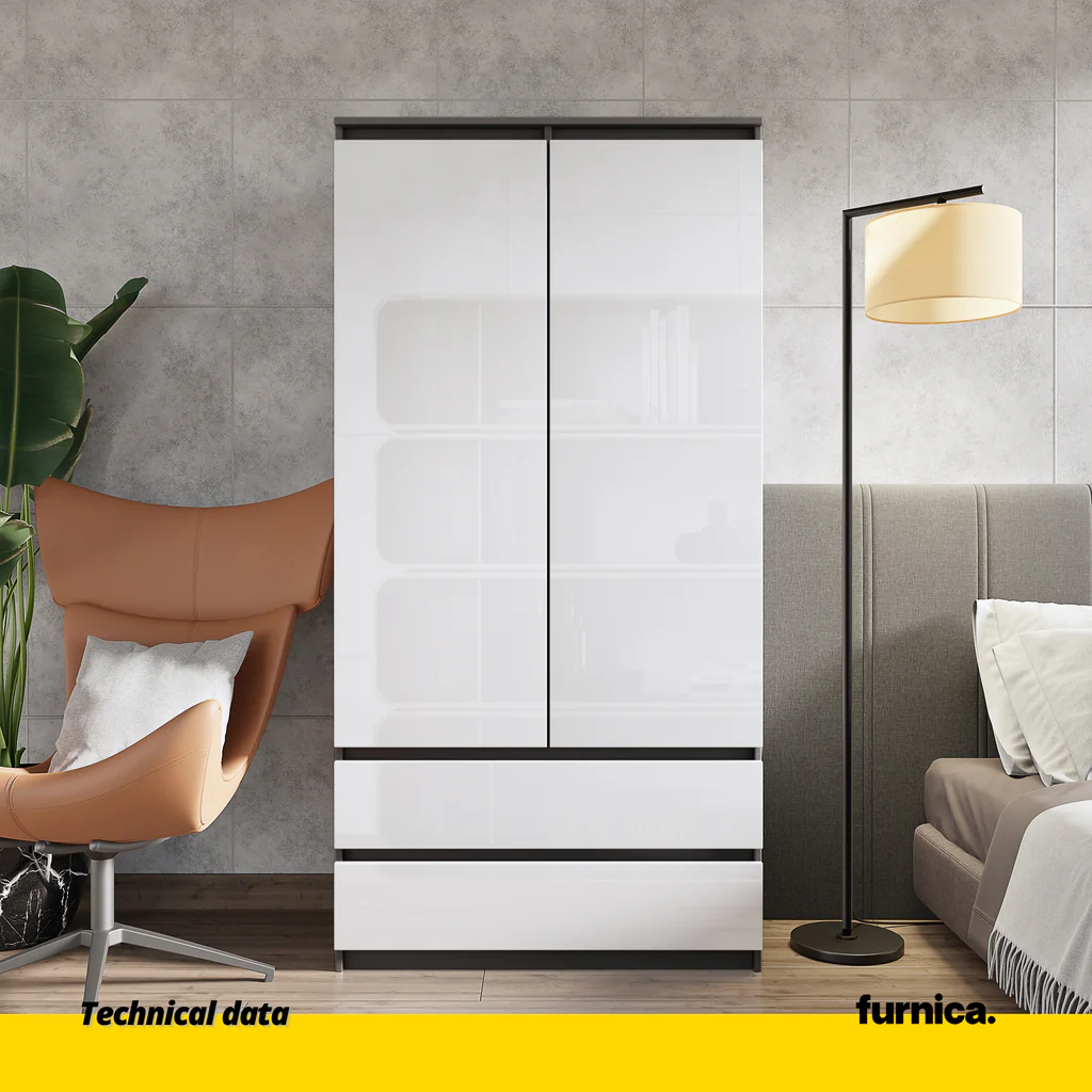 JOELLE - Armario de 2 puertas con 2 cajones - Antracita / Blanco Brillante - A180cm A90cm P50cm (3) – Furnica
