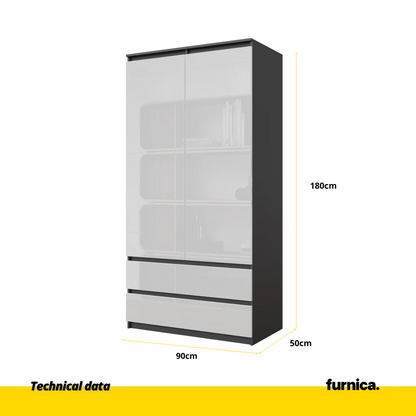 JOELLE - Armario de 2 puertas con 2 cajones - Antracita / Blanco Brillante - A180cm A90cm P50cm (2) – Furnica