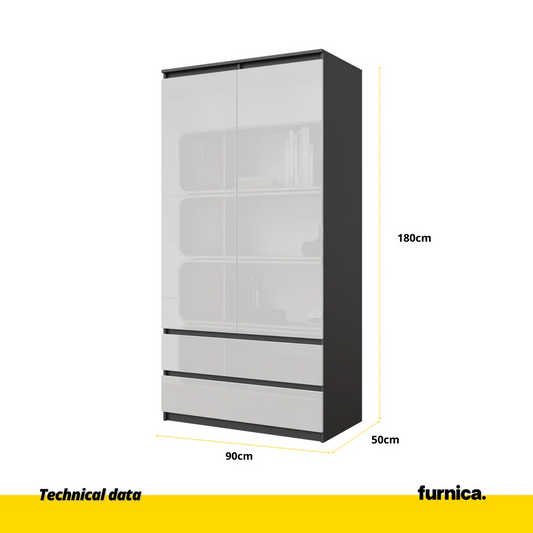 JOELLE - Armario de 2 puertas con 2 cajones - Antracita / Blanco Brillante - A180cm A90cm P50cm (2) – Furnica