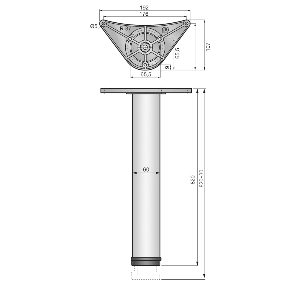Pata de mueble ajustable de 820 mm - Placa de montaje de ZnAl - Aluminio (2) – Furnica