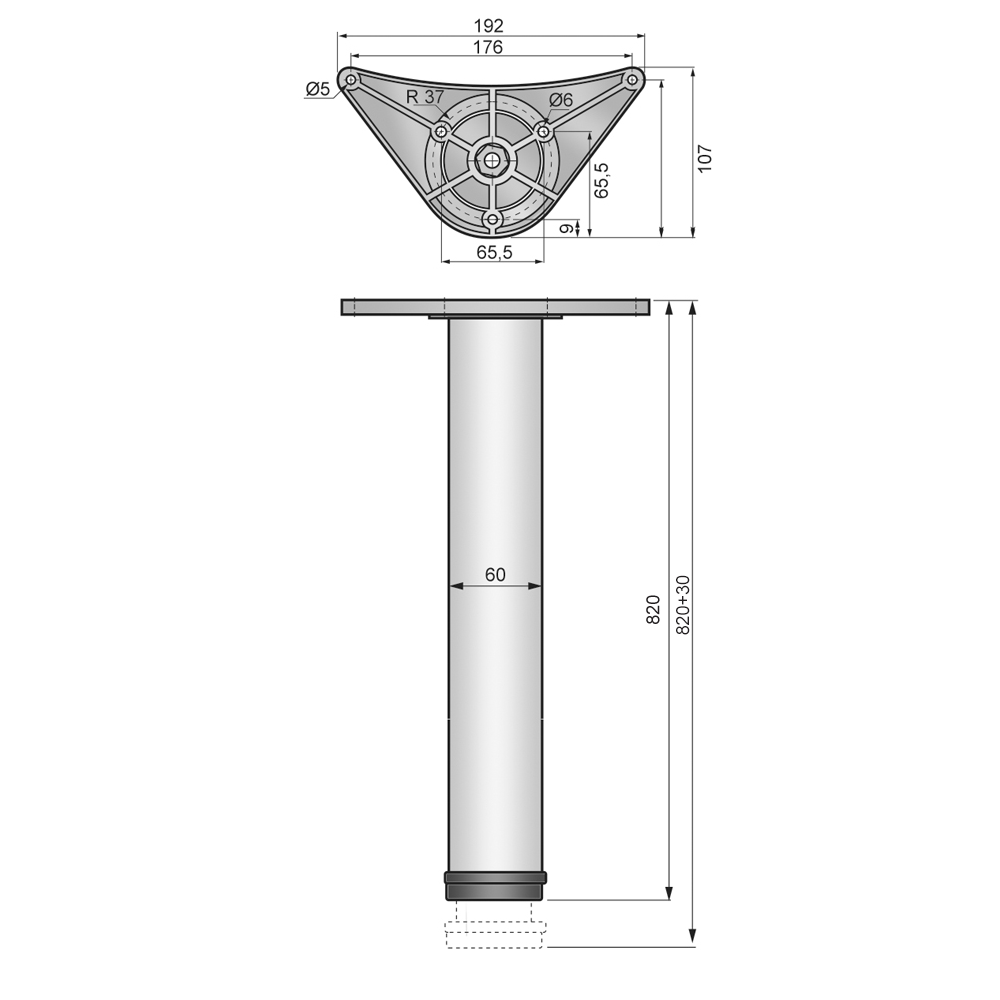 Pata de mueble ajustable de 820 mm - Placa de montaje de ZnAl - Satinado