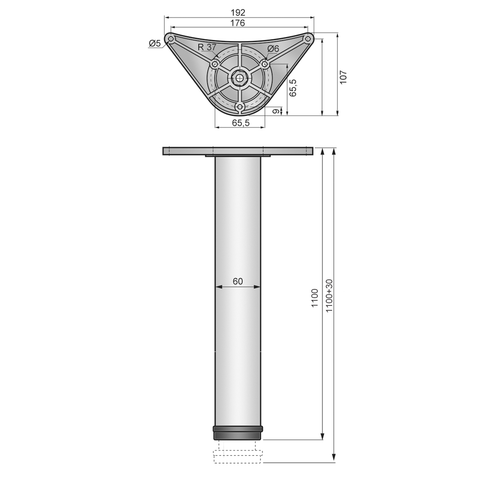 Pata de mueble ajustable de 1100 mm - Placa de montaje de ZnAl - Aluminio