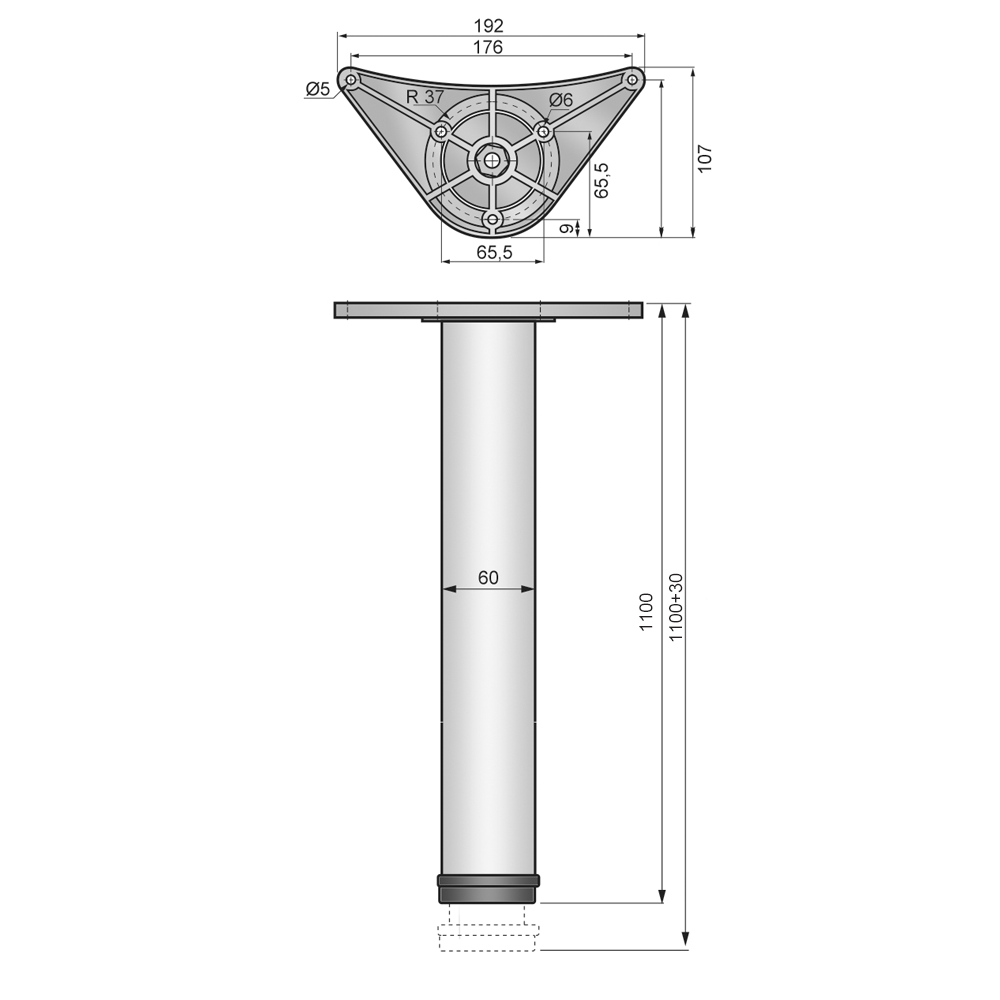 Pata de mueble ajustable de 1100 mm - Placa de montaje de ZnAl - Cromo