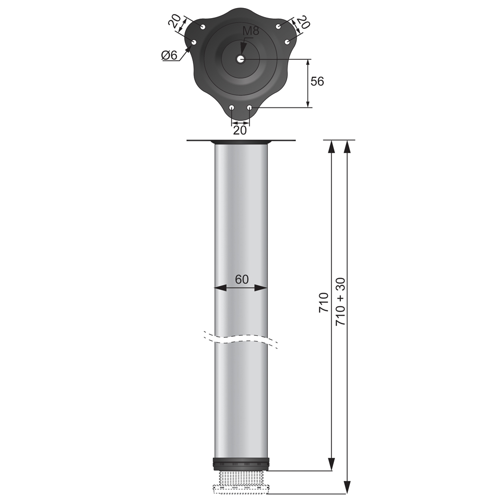 Pata de mueble ajustable de 710 mm - níquel cepillado