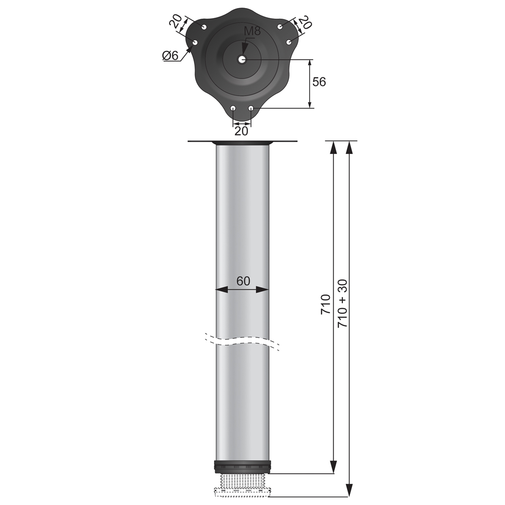 Pata de mueble ajustable de 710mm - Cromo