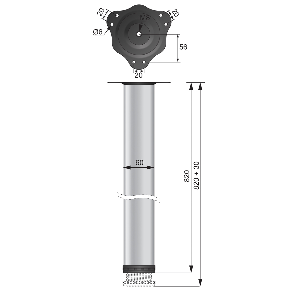 Pata de mueble ajustable de 820mm - Aluminio