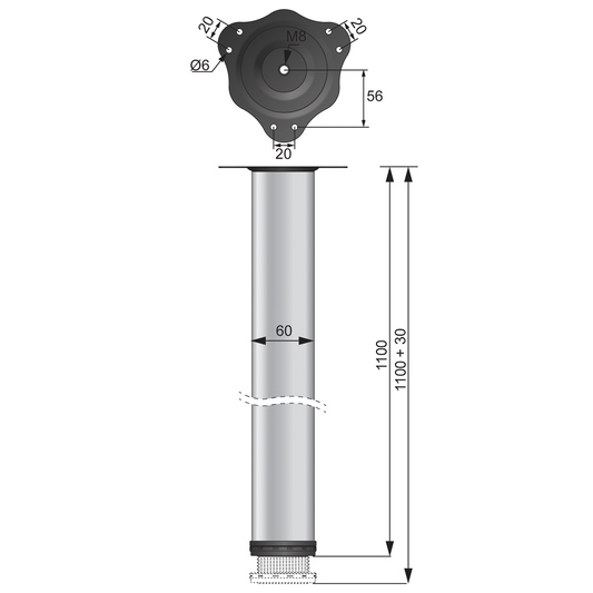 Pata de mueble ajustable de 1100 mm - Placa de montaje de acero - Satinado (2) – Furnica